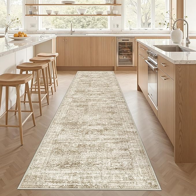 3x12 Runner Rug for Hallway, Non-Slip Long Bathroom Rugs Runner for Kitchen, Bedroom, Soft Vintage Abstract Washable Rug for Entryway, Thin Floor Mat for Dining Room(3'x12', Brown/Ivory)