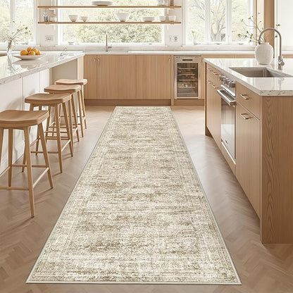 3x12 Runner Rug for Hallway, Non-Slip Long Bathroom Rugs Runner for Kitchen, Bedroom, Soft Vintage Abstract Washable Rug for Entryway, Thin Floor Mat for Dining Room(3'x12', Brown/Ivory)