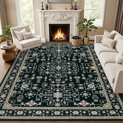 Area Rugs 10x12 Living Room Rug: Washable Rug Soft Vintage Boho Medallion Carpet Indoor Floor Non-Slip Stain Resistant Large Carpets for Bedroom Dining Room Farmhouse Nursery Home Office Black