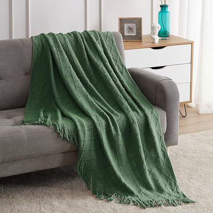 BOURINA Green Throw Blanket 50 x90 Inches Throw Textured Solid Soft Sofa Throw Bed Runner Couch Cover Knitted Decorative Blanket Bed Runner