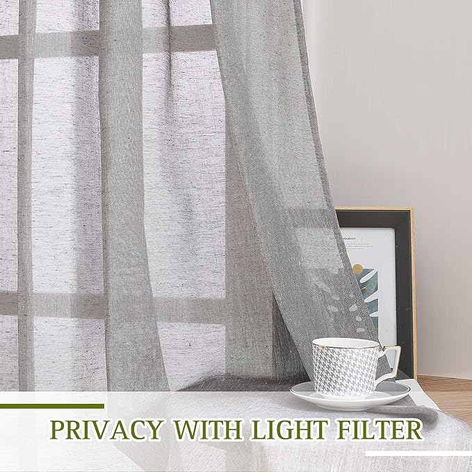 NICETOWN Charcoal Grey Linen Curtains for Bedroom 48 inch Long, Grommet Flax Semi Sheer Short Window Treatments Privacy with Light Filtering Drapes for Kids Room, 2 Panels, W36 x L48