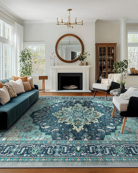 RELEANY Area Rugs 10'x12' Washable Non-Slip, Floral Vintage Distress Print Pattern Medallion Carpet for Living Room Bedroom Dining Room, Teal Green Lake Blue Turquoise