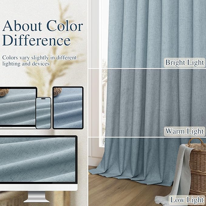 Guken Blue 100% Blackout Linen Curtains 100 Inch Length 2 Panels Set for Living Room Bedroom Back Tab Thermal Insulated Black Out Drapes Room Darkening Farmhouse Window Curtains Dusty Blue