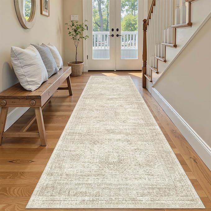 Washable Runner Rug, 2'6" x 8' Non-Slip Kitchen Vintage Foldable Hallway Runners for Entryway, Laundry, Bedroom, Beige