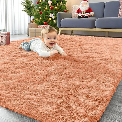 OLANLY Area Rugs for Living Room Bedroom, Machine Washable 4x5.9 ft Soft Fluffy Shaggy Bedside Rug, Indoor Floor Carpet for Kids Girls and Boys, Dorms, Nursery Rooms, Home Decor, Muted Orange