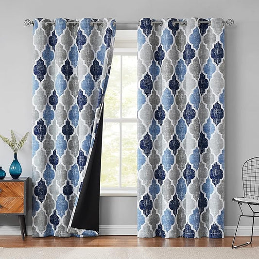 Beauoop 100% Blackout Curtains 108 Inches Long 2 Panels for Bedroom Living Room Blue Grey Moroccan Geo Room Darkening Thermal Insulated Soundproof Grommet Top Window Treatments Drapes, 50x108 Set of 2