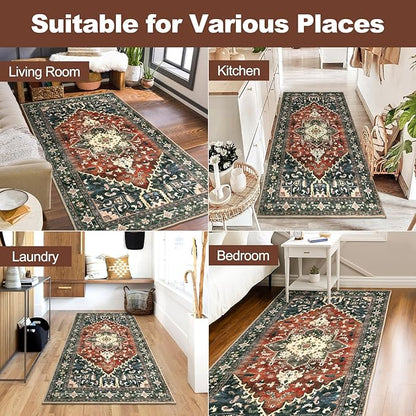 Yamaziot Washable Runner Rug, 3x6 Non-Slip Boho Vintage Hallway Rug with Rubber Backing, Low Pile Faux Wool Distressed Carpet Runner for Bedroom, Kitchen, Laundry, Entrance