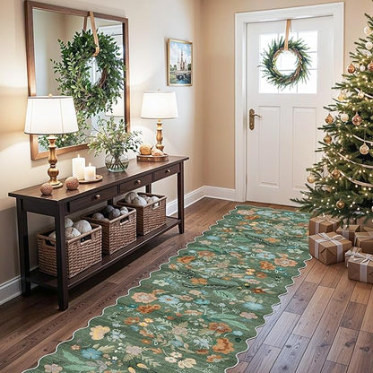 Washable 2'6x12 Hallway Runner Rug: Soft Entryway Kitchen Floral Runners Non Slip Water Resistant Nursery Bathroom Floor Mat Light Weight Carpet for Living Room Bedroom (2'6x12 Floral/Green)