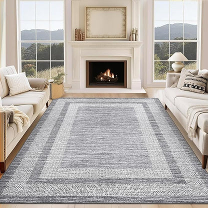 GarveeHome 8x10 Large Washable Area Rug Modern Bordered Rug Distressed Geometric Floor Carpet, Soft Non Slip Rug, Low Pile Non Shedding Rug, Indoor Gray Rug for Bedroom, Living Room