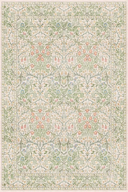 Beige Green 4x6 Washable Area Rug for Living Room, Large Entryway, Nursery, Bedroom, Kitchen, Ultra Soft Non Slip Stain Resistance, Floral Distressed Aethestic Design