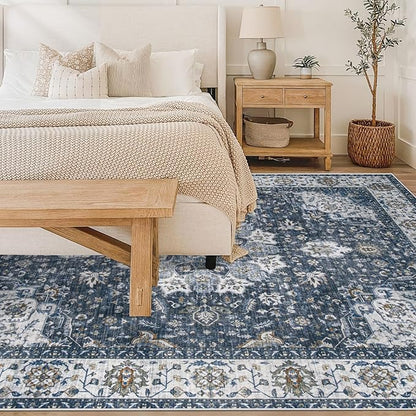 Area Rug 6x9 Washable Rug, Vintage Boho Medallion Rugs Non-Slip Soft Low Pile Large Distressed Rug Indoor Retro Carpet for Living Room Bedroom Dining Room Home Office (Vintage Blue, 6'x9')