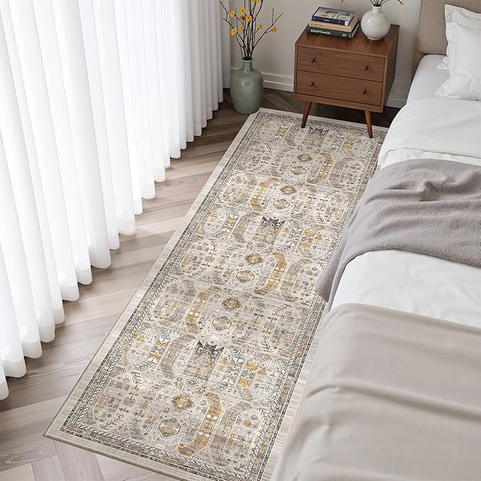 Madane Washable Runner Rug - 2x6 Rug Runners for Hallways 6 Feet Non Slip Vintage Kitchen Runner Rug Ultra-Thin Bathroom Runner Rugs Carpet Laundry Room Bedroom (2x6ft, Brown/Gold)