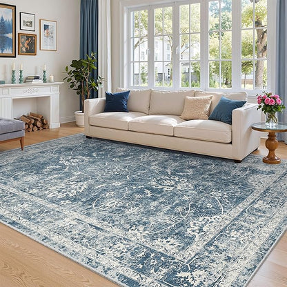 Madane 8x10 Area Rugs for Living Room, Machine Washable Vintage Rug with Non-Slip Backing, Soft Floral Print Large Throw Rugs, Thin Carpet for Bedroom Dining Room Farmhouse (8 x 10, Cadet Blue)