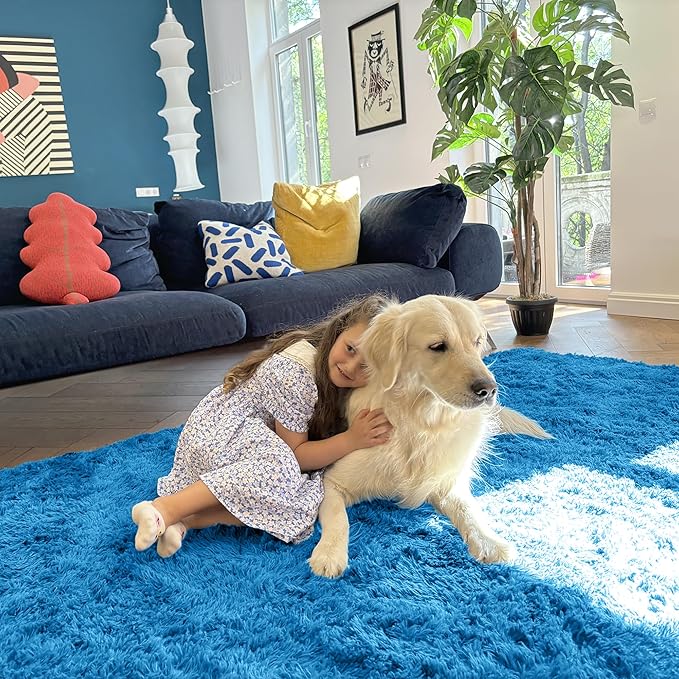 OLANLY Area Rugs for Living Room Bedroom, Machine Washable 4x5.9 ft Soft Fluffy Shaggy Bedside Rug, Indoor Floor Carpet for Kids Girls and Boys, Dorms, Nursery Rooms, Home Decor Aesthetic, Bright Blue