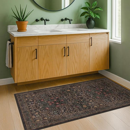 Dark Brown 2x4 Entryway Rug, Small Runners for Kitchen, Door Mat Indoor Entrance, Bathroom, Non-Slip Low-Pile Washable Stain Resistant, Vintage Floral Design