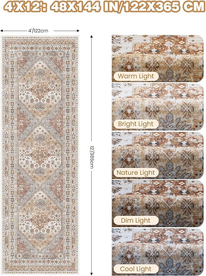 4x12 Runner Rug for Hallway, Low-Pile Wide Runner for Entryway, Long Washable Non-Slip Kitchen Rug, Soft Vintage Home Decor Mat for Living, Laundry Room(Orange,4'x12')