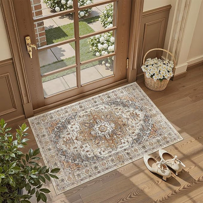 Madane Washable Area Rug 2x3, Small Entryway Rug Non-Slip Vintage Door Mat Indoor Entrance, Low Pile Floor Carpet for Inside Front Door Bedroom Kitchen Entry Laundry (2'x3', Turmeric/Grey)