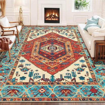 SERISSA Boho Area Rug 8x10 Orange, Washable Large Rugs for Living Room, Ultra Soft Non-Slip Bedroom Rug Print Distressed Vintage Tribal Farmhouse Carpet Rug for Dining Room Dorm Office Home Decor