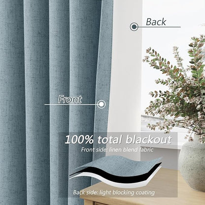Guken Blue 100% Blackout Linen Curtains 80 Inch Length 2 Panels Set for Living Room Bedroom Back Tab Thermal Insulated Black Out Drapes Room Darkening Window Curtains 80 Inches Long Dusty Blue