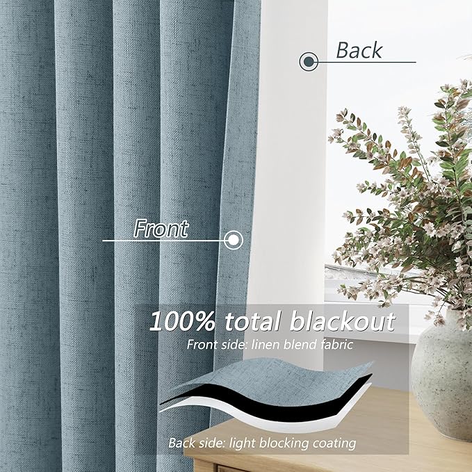 Guken Blue 100% Blackout Linen Curtains 100 Inch Length 2 Panels Set for Living Room Bedroom Back Tab Thermal Insulated Black Out Drapes Room Darkening Farmhouse Window Curtains Dusty Blue