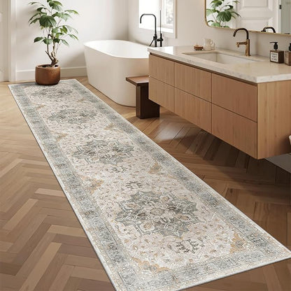 Madane Hallway Runner Rug 2x12, Long Washable Runner Rugs 12ft with Rubber Backing, Non Slip Carpet Runner, Vintage Rug Runners for Kitchen Laundry Room Entryway (Light Taupe Brown, 2'x12')