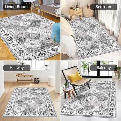 HEBE Washable Area Rug - 3'x5' Non Slip Soft Distressed Medallion Bedroom & Living Room Accent Throw Vintage Entry Floor Carpet for Dining Room & Bathroom Entryway