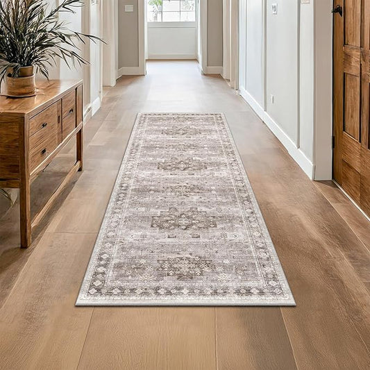 Boho 2x8 Long Runner Rugs for Hallway, Neutral Farmhouse Non Slip Runner for Kitchen, Entryway, Vintage Floral Decor Low-Pile Washable Stain Resistant Beige Latte Rug