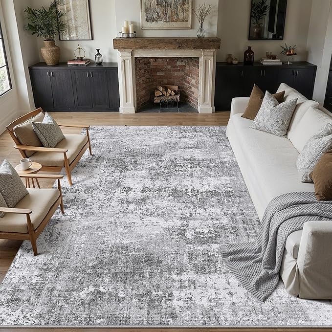 PureCozy 6x9 Grey Area Rug Washable Modern Abstract Living Room Carpet Non Slip Neutral Low Pile Soft Contemporary Gray Bedroom Large Rug Indoor Office Dining Room Playroom