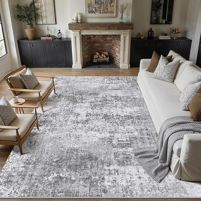 PureCozy 6x9 Grey Area Rug Washable Modern Abstract Living Room Carpet Non Slip Neutral Low Pile Soft Contemporary Gray Bedroom Large Rug Indoor Office Dining Room Playroom
