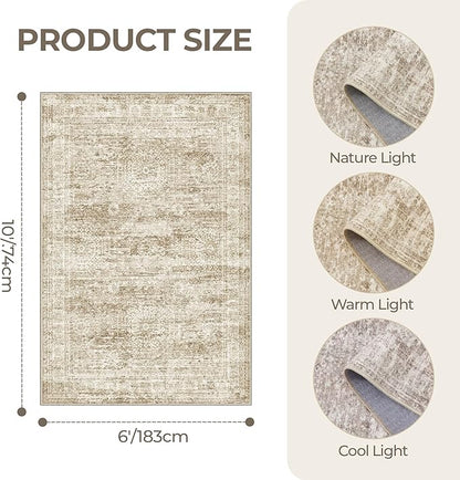 6x9 Rug for Living Room,Soft Low Pile Indoor Washable Rugs for Bedroom, Non-Slip Backing Vintage Large Area Rug, Printed Abstract Carpet(6'x9', Brown/Ivory)