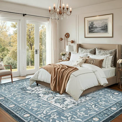 GarveeHome Provence 8x10 Area Rugs for Living Room, Botanical Grove Retro Blue Cottagecore Washable Rug for Bedroom Dining Nursery Low-Pile Vintage Large Carpet
