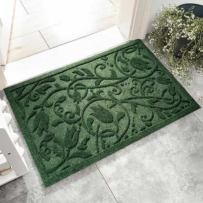 Boho Green Floral Leaves Outdoor Indoor Entrance Doormats, Absorbent Durable Heavy Duty Welcome Front Door Mat,Thick Natural Rubber Back,Easy Clean Entryway Mat 23x35 Inch, Low Profile