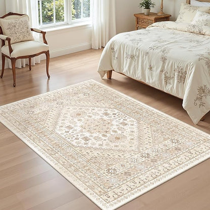 zesthome 3x5 Rug Ultra Soft Washable Rug, Non Slip Area Rug Indoor Entrance, Stain Resistant Rugs for Living Room Bedroom, Vintage Home Decor Area Rugs (Cream/Beige,3'x5')