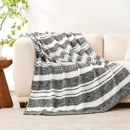 Snuggle Sac Heather Throw Blanket for Couch, Reversible Super Soft Blankets Warm Cozy Knit Fuzzy Plush Lightweight for Sofa, Bed, Camping, Picnic (Stripe Black, Throw(50"x 60"))