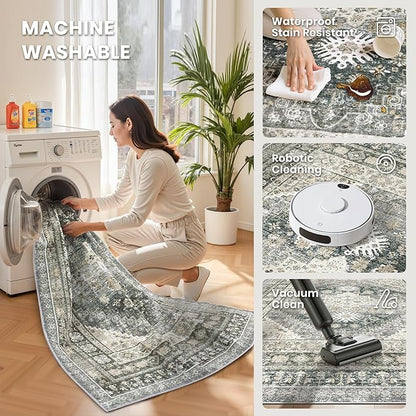 zesthome 8x10 Area Rugs for Living Room,Non-Slip Backing Washable Rugs,Vintage Large Area Rug，Stain Resistant Home Decor Rug (Wheat/Charcoal,8'x10')