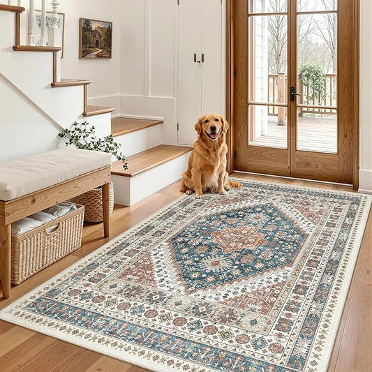 Madane Area Rug 3x5, Entryway Washable Vintage Runners Bedroom Non Slip Indoor Kitchen Runner for Living Room Laundry Room Playroom Soft Non-Slip Area Rugs, Navy Blue