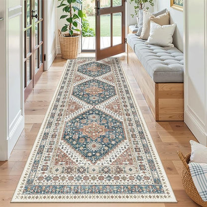Madane Runner Rug 2'6''x8' Kitchen Runner, Hallway Runner Printed Vintage Washable Rugs Soft Non-Slip Low Pile 2.5x8 ft Runners for Hallways Laundry Room Rug Distressed Rug, Navy Blue