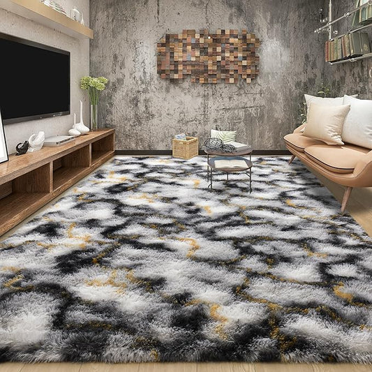 Tepook Fluffy Large Rugs for Living Room, Area Rug 6x9 Soft Carpet for Bedroom, Modern Shaggy Rug for Kids Boys Girls, Plush Indoor Nursery Home Decor Rug with Non-Slip Bottom, White Black Gold