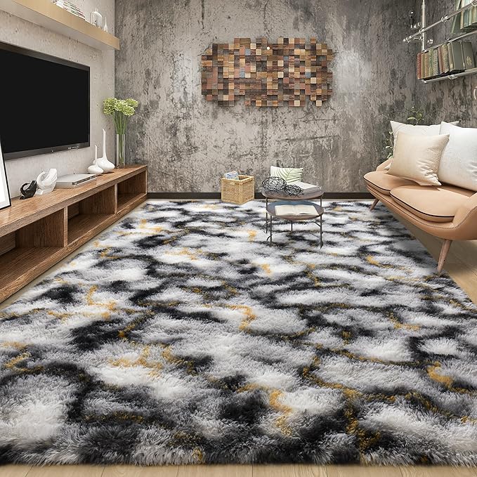Tepook Soft Fluffy Rugs for Living Room, 5x8 Shaggy Area Rug for Bedroom, Modern Shag Rug Fuzzy Carpets for Kids, Plush Indoor Nursery Home Decor Rug with Non-Slip Bottom, White Black Gold
