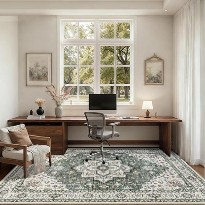 Area Rugs 10x14 Living Room Rug: Washable Rug Soft Vintage Boho Medallion Carpet Indoor Non-Slip Stain Resistant Large Carpets for Bedroom Dining Room Farmhouse Nursery Home Office Green Ivory