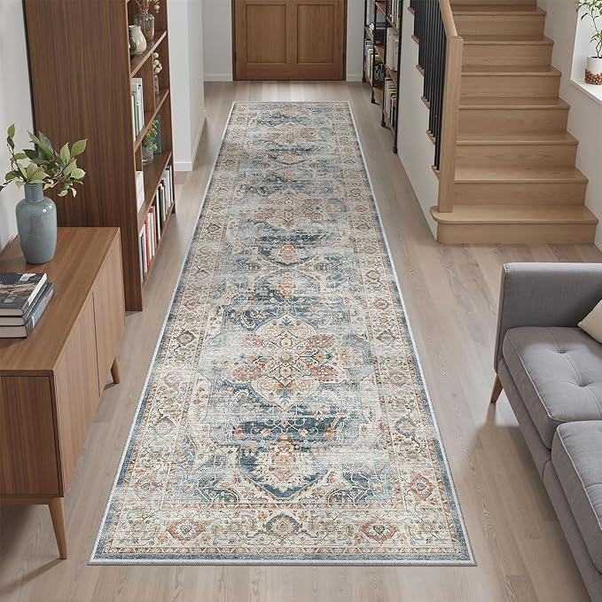 Madane Runner Rug 2x8, Washable Hallway Runner Rugs, Non-Slip Low-Pile Soft Kitchen Rug Runner Laundry Room Rug, Vintage Throw Entry Foyer Mat for Entrance Living Room (Navy, 2 x 8)