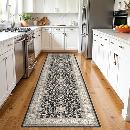 TOPRUUG Washable 2x8 Runner Rug: Vintage Non-Slip Stain Resistant Rug Low Pile Ultra Thin Carpets for Kitchen Hallway Living Room Durable Soft Bedroom Entryway Mat for High Traffic Area (Black, 2x8)
