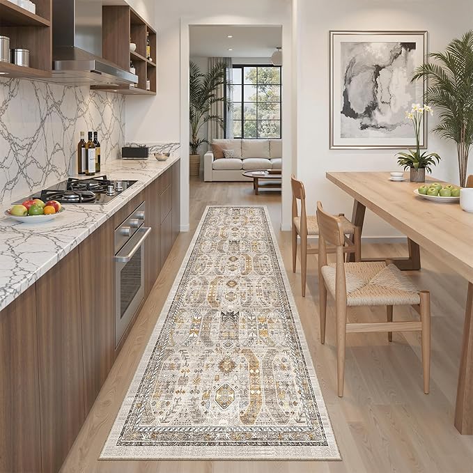 Madane Kitchen Runner Rug - 2x7 Runner Rugs with Rubber Backing Non Slip Vintage Washable Rug Runner Ultra-Thin Throw Carpet Runners for Hallways Bedroom Laundry Room(2'x7', Brown/Gold)