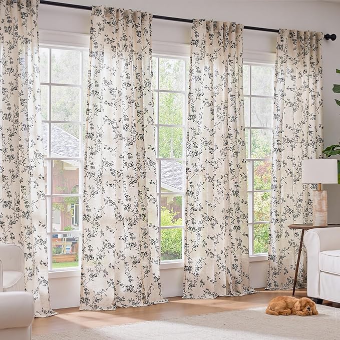 Lazzzy Farmhouse Linen Curtains Extra Long Black Floral Curtains 108 Inch Length Back Tab Drapes for Living Room Bedroom Light Filtering Country Vintage Rod Pocket, 2 Panels, Black on Beige