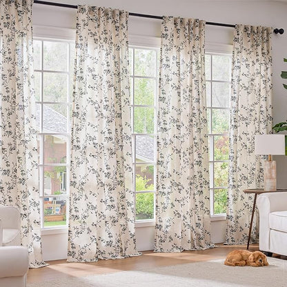Lazzzy Farmhouse Linen Curtains Extra Long Black Floral Curtains 108 Inch Length Back Tab Drapes for Living Room Bedroom Light Filtering Country Vintage Rod Pocket, 2 Panels, Black on Beige