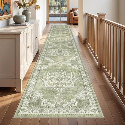 Hallway Runner Rug 2x12, Extra Long Washable Runner Rugs with Rubber Backing, Non Slip Runner, Vintage Rug Runners for Kitchen Laundry Room Entryway (Light Green,2'x12')