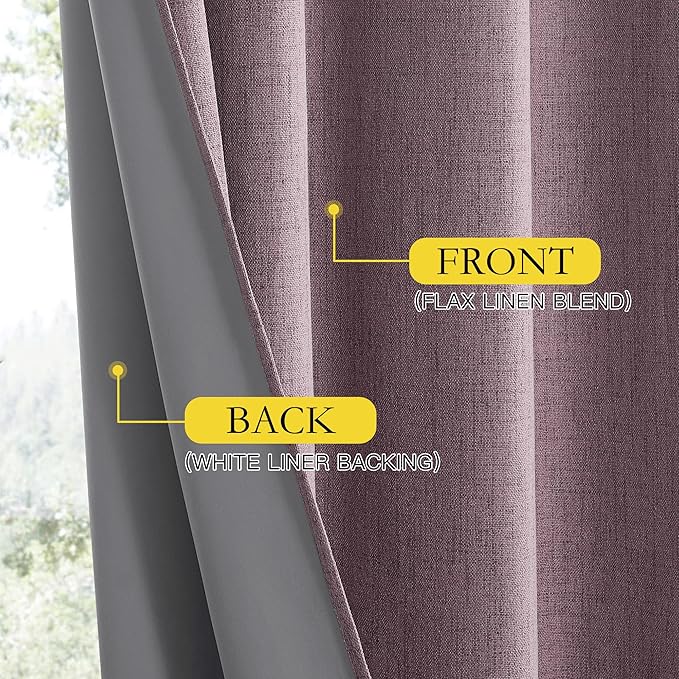 NICETOWN Chaise Mauve Vintage Linen 100% Blackout Curtains for Living Room, Thermal Insulated Curtains 48" Long, Noise Reducing Window Treatment Drapes for Hall Room, 52" Wide Per Panel, Set of 2