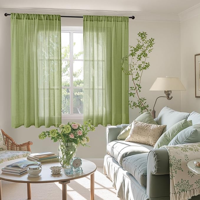 BGment 54 Inch Length Green Curtains for Short Living Room Windows - Natural Linen Drapes Rod Pocket Light Filtering for Dining Room Kitchen Country Lightweight Semi Sheer, 2 Panels Set, 42 X 54 Inch