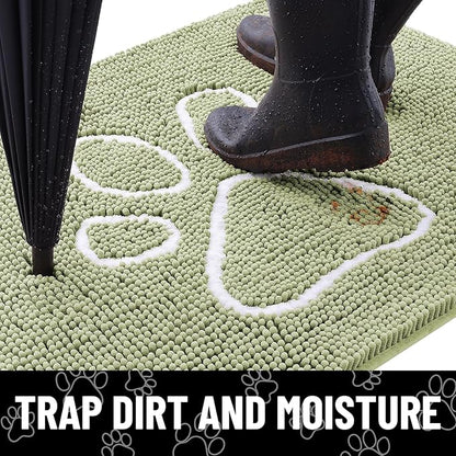 Smiry Dog Door Mat for Muddy Paws, Absorbent Dirt Trapper Non Slip Quick Dry Washable Chenille Mat for Mud Dogs, Entry Rug for Indoor and Outdoor (36x24 Inches, Sage Green and White)
