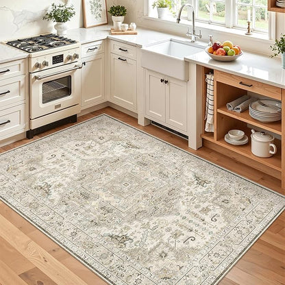 Madane Area Rug 3x5, Entryway Washable Printed Vintage Kitchen Carpet Non Slip Indoor Doormat for Living Room Laundry Room Bedroom Nursery Soft Thin Entry Floor Mat, Ivory/Brown